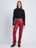Front image of model in Nappa Leather Pants in crimson