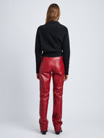 Back image of model in Nappa Leather Pants in crimson