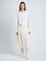 Front full length image of model wearing Wool Twill Skirt in BONE