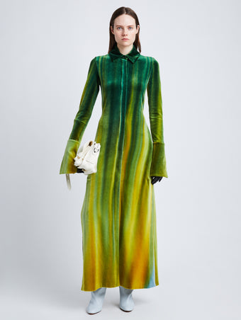 Front full length image of model wearing Ice Dyed Velvet Shirt Dress in JADE