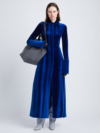 Front full length image of model wearing Ice Dyed Velvet Shirt Dress in COBALT