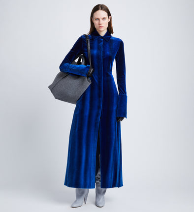 Front full length image of model wearing Ice Dyed Velvet Shirt Dress in COBALT