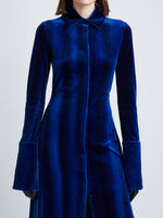 Detail image of model wearing Ice Dyed Velvet Shirt Dress in COBALT
