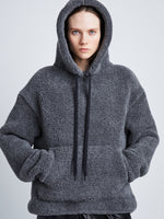 Detail image of model wearing Technical Boucle Knit Hoodie in GREY
