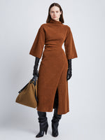 Front full length image of model wearing Viscose Wool Knit Dress in UMBER
