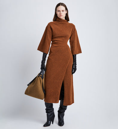 Front full length image of model wearing Viscose Wool Knit Dress in UMBER
