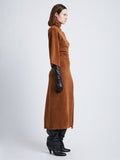 Side full length image of model wearing Viscose Wool Knit Dress in UMBER