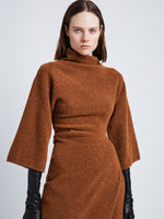 Detail image of model wearing Viscose Wool Knit Dress in UMBER