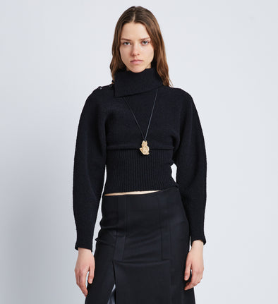 Front cropped image of model wearing Wool Viscose Boucle Top in BLACK