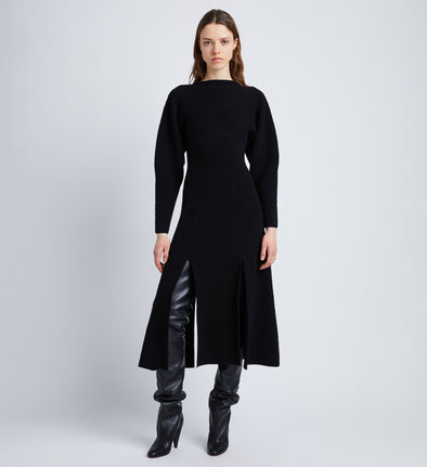 Front full length image of model wearing Wool Viscose Boucle Dress in BLACK