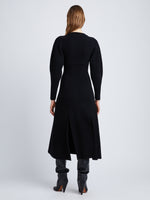 Back full length image of model wearing Wool Viscose Boucle Dress in BLACK