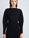 Detail image of model wearing Wool Viscose Boucle Dress in BLACK