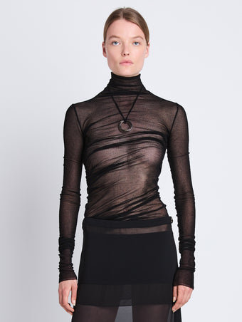 Front cropped image of model wearing Viscose Gauze Knit Top in BLACK