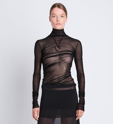 Front cropped image of model wearing Viscose Gauze Knit Top in BLACK