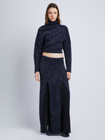 Front full length image of model wearing Technical Sequin Knit Skirt in NAVY