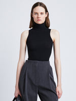 Front cropped image of model wearing Matte Viscose Knit Top in BLACK