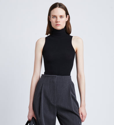 Front cropped image of model wearing Matte Viscose Knit Top in BLACK