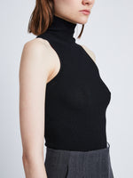 Detail image of model wearing Matte Viscose Knit Top in BLACK