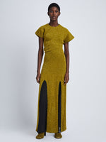 Front image of model wearing Technical Sequin Knit Dress in CHARTREUSE