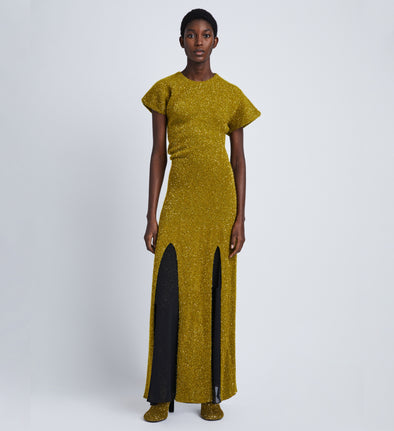 Front image of model wearing Technical Sequin Knit Dress in CHARTREUSE
