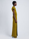Side full length image of model wearing Technical Sequin Knit Dress in CHARTREUSE