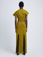 Back image of model wearing Technical Sequin Knit Dress in CHARTREUSE
