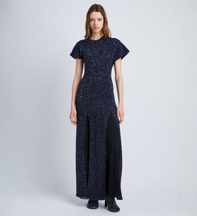 Front full length image of model wearing Technical Sequin Knit Dress in NAVY