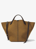 Front image of XL Chelsea Tote in Felt in walnut with strap unbuttoned