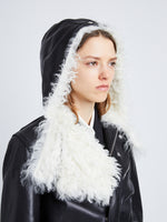 Detail image of model in Leather Shearling Motorcycle Jacket in black
