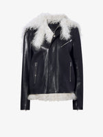 Flat of Leather Shearling Motorcycle Jacket in black