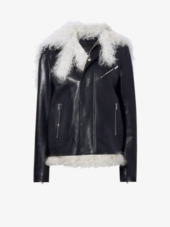 Flat of Leather Shearling Motorcycle Jacket in black