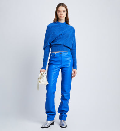 blue leather trousers
