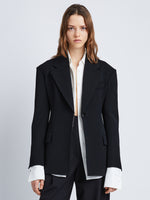 Front cropped image of model wearing Wool Twill Jacket in BLACK