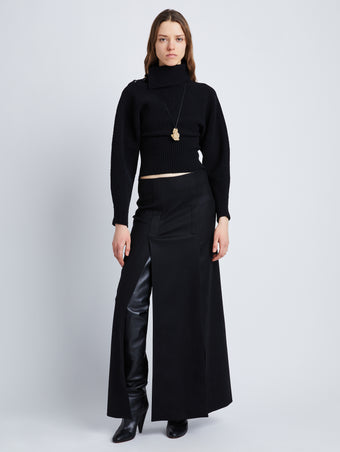 Front full length image of model wearing Wool Felt Skirt in BLACK
