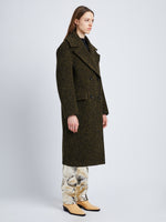 Side full length image of model wearing Melange Wool Boucle Coat in FAWN
