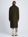 Back full length image of model wearing Melange Wool Boucle Coat in FAWN