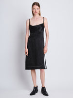 Front full length image of model wearing Crushed Shiny Satin Dress in BLACK