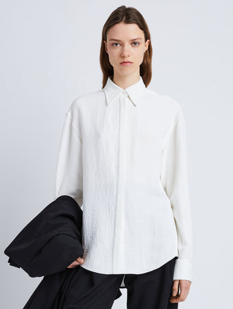 Front cropped image of model wearing Crushed Matte Satin Shirt in WHITE