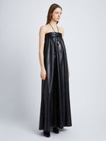 Side image of model in Nappa Leather Strapless Dress in black
