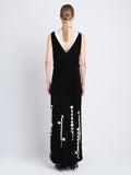 Back image of model in Embroidered Velvet Dress in black