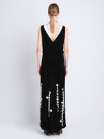Back image of model in Embroidered Velvet Dress in black