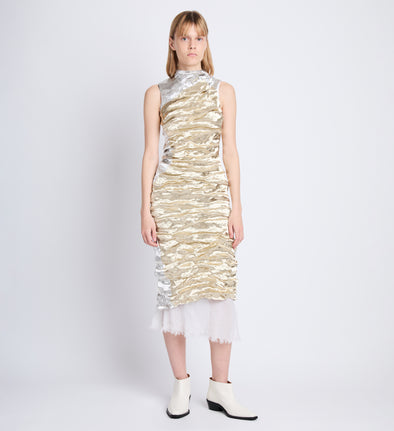 Front full length image of model wearing Crushed Metal Dress in GOLD