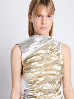 Detail image of model wearing Crushed Metal Dress in GOLD