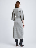 Back full length image of model wearing Viscose Wool Knit Dress in LIGHT GREY MELANGE