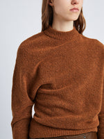 Detail image of model wearing Viscose Wool Sweater in UMBER