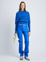 Front full length image of model wearing Viscose Wool Sweater in AZURE
