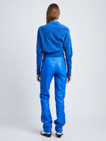 Back full length image of model wearing Viscose Wool Sweater in AZURE