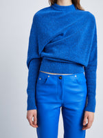 Detail image of model wearing Viscose Wool Sweater in AZURE