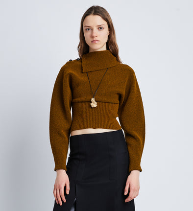 Front cropped image of model wearing Wool Viscose Boucle Top in WALNUT
