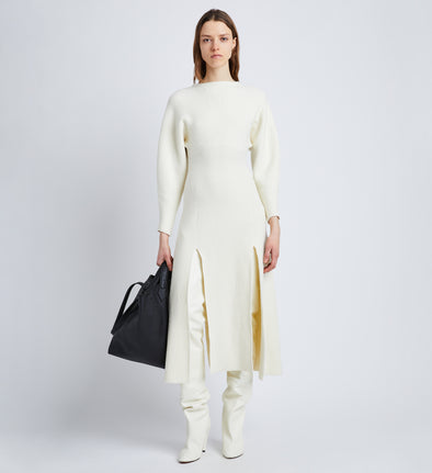 Front full length image of model wearing Wool Viscose Boucle Dress in IVORY